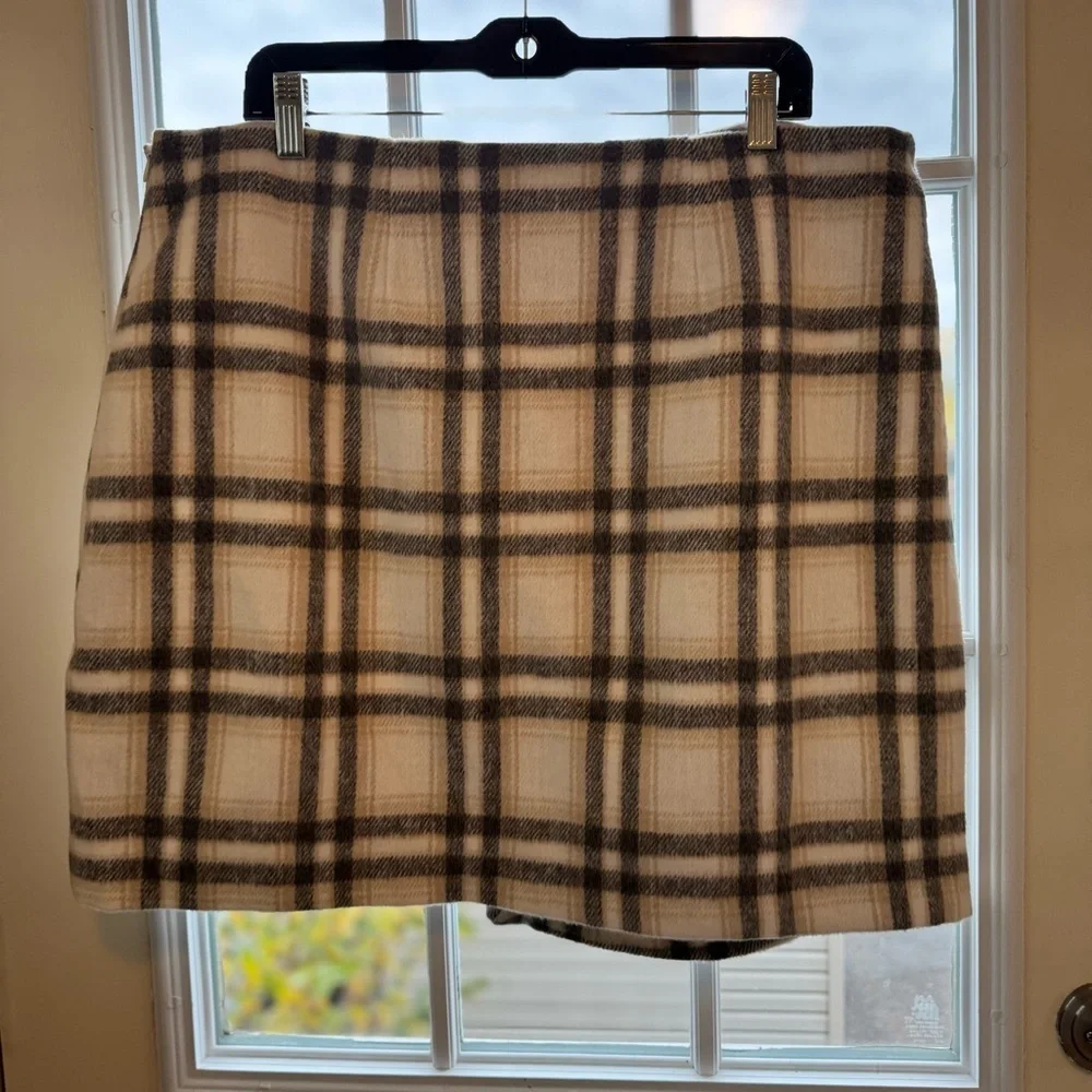 Retro Bagatelle Plaid Mini Skirt Beige Gray A-Line High Waist Size XL - Picture 6 of 9